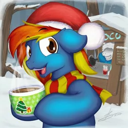 Size: 1600x1600 | Tagged: artist:hardlugia, bowl, chocolate, christmas, clothes, derpibooru import, food, hat, holiday, hot chocolate, looking at you, oc, oc:phil, pegasus, safe, sans (undertale), santa hat, scarf, snow, solo focus, stand, steam, undertale, winter