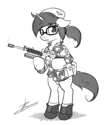 Size: 1110x1260 | Tagged: safe, artist:hardlugia, derpibooru import, oc, oc:elena o'riley, semi-anthro, unicorn, arm hooves, beret, boots, camouflage, clothes, glasses, hat, looking at you, m16 w/m203 grenade launcher, ponytail, shoes, sketch, soldier, solo, weapon