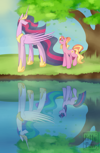 Size: 1800x2750 | Tagged: safe, artist:sunnypaw121, derpibooru import, luster dawn, princess celestia, princess twilight 2.0, twilight sparkle, twilight sparkle (alicorn), alicorn, pony, unicorn, the last problem, female, full circle, high res, mare, mirror, older, older twilight, reflection, small head, tree, unicorn twilight, water