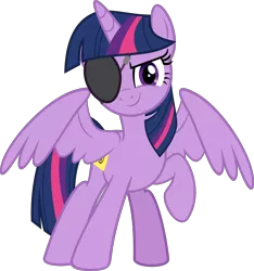 Size: 5348x5703 | Tagged: safe, artist:jhayarr23, derpibooru import, twilight sparkle, twilight sparkle (alicorn), alicorn, pony, friendship university, disguise, eyepatch, eyepatch (disguise), female, looking at you, mare, raised hoof, simple background, smiling, solo, spread wings, transparent background, vector, wings