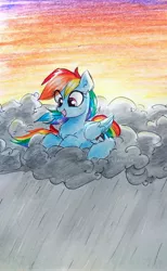 Size: 2156x3503 | Tagged: safe, artist:liaaqila, derpibooru import, rainbow dash, pegasus, pony, chest fluff, cloud, cute, dashabetes, female, happy, looking down, mare, rain, solo, sunlight, traditional art