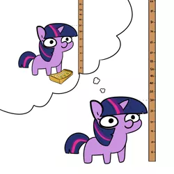 Size: 2250x2250 | Tagged: safe, artist:tjpones, derpibooru import, part of a set, twilight sparkle, pony, unicorn, coupon, dialogue, expectation vs reality, female, flashback, mare, measuring, offscreen character, solo, thought bubble, twiggie