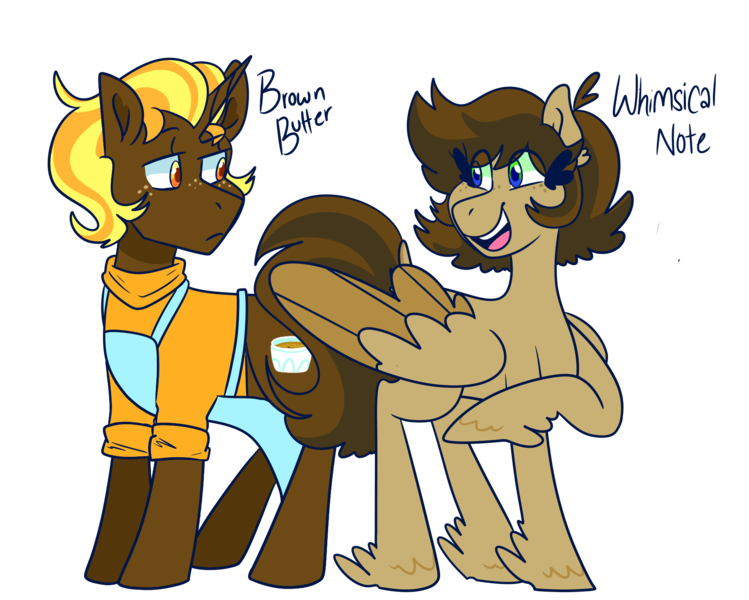 Size: 1826x1462 | Tagged: safe, artist:cubbybatdoodles, derpibooru import, oc, oc:brown butter, oc:whimsical note, unofficial characters only, pegasus, pony, unicorn, apron, brother, brother and sister, clothes, duo, female, freckles, looking at each other, male, mare, offspring, parent:derpy hooves, parent:ditzy doo, parent:doctor whooves, parent:time turner, parents:doctorderpy, redesign, shirt, siblings, simple background, sister, smiling, stallion, transparent background, twins