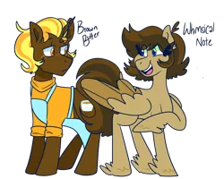 Size: 1826x1462 | Tagged: safe, artist:cubbybatdoodles, derpibooru import, oc, oc:brown butter, oc:whimsical note, unofficial characters only, pegasus, pony, unicorn, apron, brother, brother and sister, clothes, duo, female, freckles, looking at each other, male, mare, offspring, parent:derpy hooves, parent:ditzy doo, parent:doctor whooves, parent:time turner, parents:doctorderpy, redesign, shirt, siblings, simple background, sister, smiling, stallion, transparent background, twins