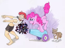 Size: 756x562 | Tagged: safe, artist:rabbi-tom, derpibooru import, pinkie pie, corgi, dog, earth pony, human, pony, confetti, cowboy bebop, cutie mark, digital art, edward wong hau pepelu tivrusky iv, ein, female, image, jpeg, mare, party cannon, simple background