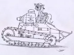 Size: 724x540 | Tagged: safe, artist:rabbi-tom, derpibooru import, derpy hooves, pegasus, pony, commission, cutie mark, female, hat, mare, monochrome, renault, renault ft-17, simple background, tank (vehicle), traditional art, white background, wings, world war i