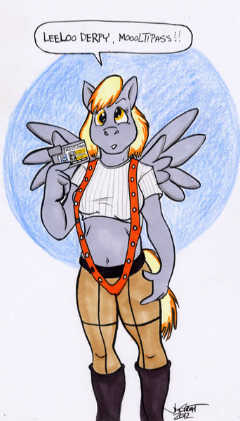 Size: 405x711 | Tagged: anthro, artist:rabbi-tom, breasts, busty derpy hooves, card, clothes, dallas, derpibooru import, derpy hooves, female, leeloo, mare, midriff, multipass, pegasus, solo, solo female, speech bubble, suggestive, text, the fifth element, traditional art, wings