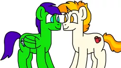 Size: 1366x768 | Tagged: safe, artist:raulixevergreen, derpibooru import, oc, oc:covfefe cream, oc:raulix evergreen, pegasus, pony, unicorn, couple, gay, happy, love, male, simple background, staring ponies, white background