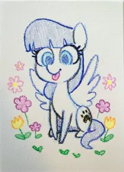 Size: 2794x3887 | Tagged: safe, artist:dawnfire, derpibooru import, oc, oc:snow pup, unofficial characters only, pegasus, pony, :p, flower, solo, tongue out, traditional art