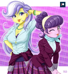 Size: 1000x1080 | Tagged: safe, artist:uotapo, derpibooru import, suri polomare, upper crust, equestria girls, friendship games, :p, abstract background, adorasexy, ascot, bra, breasts, busty suri polomare, busty upper crust, cleavage, clothes, colored pupils, crustabetes, crystal prep academy uniform, cute, duo, duo female, ear piercing, earring, female, flirting, jewelry, looking at you, one eye closed, piercing, plaid skirt, pleated skirt, purple underwear, school uniform, sexy, skirt, suribetes, tongue out, underwear, wink