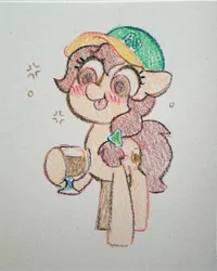 Size: 2628x3288 | Tagged: safe, artist:dawnfire, derpibooru import, oc, oc:vanilla creame, unofficial characters only, earth pony, pony, alcohol, baseball cap, beer, blushing, cap, crayon, drunk, hat, oakland athletics, simple background, solo, tongue out, traditional art, white background