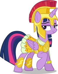 Size: 1024x1305 | Tagged: safe, artist:cencerberon, derpibooru import, twilight sparkle, twilight sparkle (alicorn), alicorn, pony, armor, athena sparkle, clothes, costume, female, looking at you, mare, raised hoof, show accurate, simple background, solo, transparent background, vector