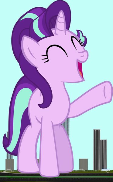 Size: 1280x2066 | Tagged: safe, artist:ironm17, artist:jaredking203, artist:oceanrailroader, deleted from derpibooru, derpibooru import, starlight glimmer, pony, unicorn, can giant starlight glimmer come out and play?, city, eyes closed, female, giant pony, giant starlight glimmer, giant unicorn, giantess, macro, mega giant, open mouth, raised hoof