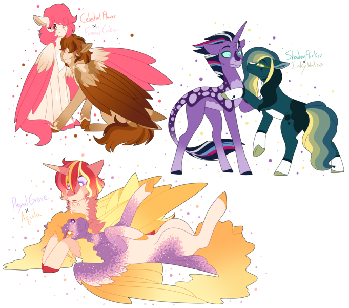 Size: 5000x4407 | Tagged: safe, artist:clay-bae, derpibooru import, oc, oc:aquila, oc:celestial flower, oc:funnel cake, oc:inky waters, oc:royal grove, oc:shadow flicker, unofficial characters only, pegasus, pony, unicorn, absurd resolution, female, kissing, magical lesbian spawn, male, mare, offspring, on back, parent:cheese sandwich, parent:pinkie pie, parent:princess cadance, parent:sunburst, parent:tempest shadow, parent:twilight sparkle, parents:cheesepie, parents:sundence, parents:tempestlight, shipping, simple background, stallion, transparent background, two toned wings, wings