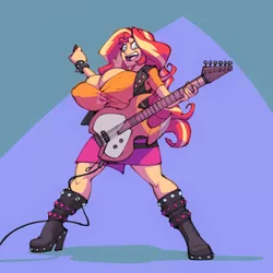 Size: 1023x1023 | Tagged: suggestive, artist:bigdad, derpibooru import, sunset shimmer, equestria girls, big breasts, boots, breasts, busty sunset shimmer, clothes, commission, female, guitar, high heel boots, huge breasts, musical instrument, open mouth, shoes, solo, solo female