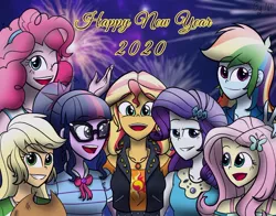Size: 1280x1005 | Tagged: safe, artist:namphung58, derpibooru import, applejack, fluttershy, pinkie pie, rainbow dash, rarity, sci-twi, sunset shimmer, twilight sparkle, equestria girls, equestria girls series, 2020, applejack's hat, bowtie, clothes, cowboy hat, female, fireworks, geode of empathy, geode of shielding, geode of telekinesis, glasses, grin, hairband, hairclip, hairpin, happy new year, happy new year 2020, hat, holiday, humane five, humane seven, humane six, jacket, jewelry, leather vest, looking at you, magical geodes, necklace, one eye closed, open mouth, ponytail, smiling