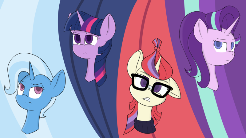 Size: 9216x5184 | Tagged: safe, artist:kaukanghong, derpibooru import, moondancer, starlight glimmer, trixie, twilight sparkle, unicorn, bust, digital art, female, mare, moondancer is not amused, portrait, starlight is not amused, trixie is not amused, twilight is not amused, unamused