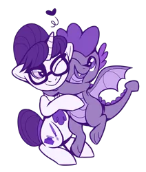 Size: 1324x1564 | Tagged: safe, artist:chroniqlo, derpibooru import, raven, spike, dragon, unicorn, ascot, commission, female, glasses, hair bun, heart, hug, interspecies, looking at each other, male, mare, monochrome, necktie, older, older spike, one eye closed, ravenspike, secretary, shipping, simple background, smiling, spikelove, straight, transparent background, winged spike, wink
