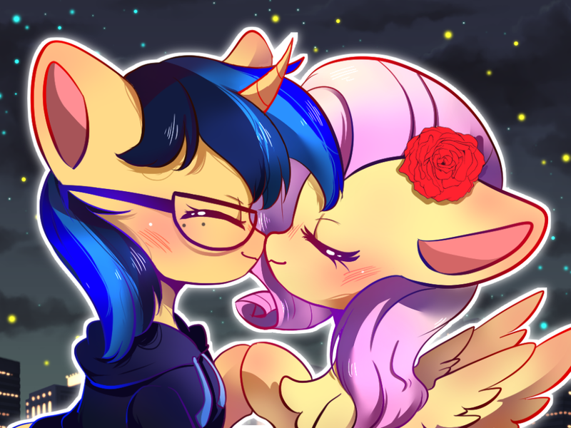 Size: 1000x750 | Tagged: safe, artist:空空, derpibooru import, fluttershy, oc, oc:forestar, pegasus, pony, unicorn, blushing, canon x oc, clothes, cute, flower, glasses, kissing, love, night, rose, shipping, shyabetes, sky, stars