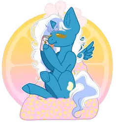 Size: 1024x1087 | Tagged: safe, artist:renyata, derpibooru import, oc, oc:fleurbelle, alicorn, alicorn oc, bean bag chair, bow, drink, eyes closed, female, food, hair bow, horn, lemon, mare, simple background, sitting, tongue out, transparent background, wings