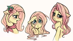 Size: 848x483 | Tagged: safe, artist:hippykat13, artist:sorcerushorserus, color edit, derpibooru import, edit, editor:hippykat13, fluttershy, pegasus, pony, ascot, blushing, bust, colored, cute, female, floppy ears, flower, flower in hair, full face view, lineart, looking back, mare, profile, puppy dog eyes, shyabetes, simple background, solo, stray strand, three quarter view, white background