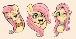 Size: 1008x525 | Tagged: safe, artist:hippykat13, artist:sorcerushorserus, color edit, derpibooru import, edit, editor:hippykat13, fluttershy, pegasus, pony, bedroom eyes, bust, choker, chokershy, colored, cute, female, floppy ears, full face view, heart eyes, lidded eyes, lineart, looking at you, looking up, mare, neck rings, one eye closed, open mouth, shyabetes, simple background, smiling, solo, three quarter view, tongue out, white background, wingding eyes, wink