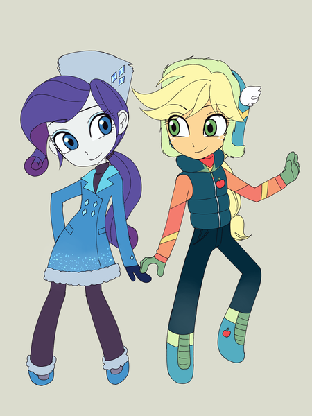 Size: 2448x3264 | Tagged: safe, artist:haibaratomoe, derpibooru import, applejack, rarity, equestria girls, clothes, coat, female, gray background, hat, lesbian, rarijack, shipping, simple background