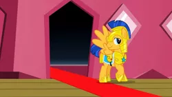 Size: 1280x720 | Tagged: safe, derpibooru import, screencap, flash sentry, pegasus, pony, three's a crowd, armor, carpet, male, royal guard, royal guard armor, solo, spread wings, stallion, train, wings