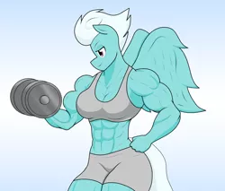 Size: 1738x1484 | Tagged: abs, anthro, artist:matchstickman, biceps, breasts, busty fleetfoot, deltoids, derpibooru import, dumbbell (object), female, fleetflex, fleetfoot, gradient background, gym clothes, looking sideways, mare, muscles, muscular female, pecs, pegasus, safe, solo
