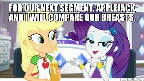 Size: 600x337 | Tagged: suggestive, derpibooru import, edit, edited screencap, screencap, applejack, rarity, camping must-haves, equestria girls, equestria girls series, spoiler:eqg series (season 2), bedroom eyes, blue eyes, caption, clothes, female, freckles, green eyes, happy, image macro, lesbian, meme, rarijack, shipping, shirt, smiling, smiling at you, t-shirt, text, tomboy