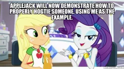 Size: 600x337 | Tagged: suggestive, derpibooru import, edit, edited screencap, screencap, applejack, rarity, camping must-haves, equestria girls, equestria girls series, spoiler:eqg series (season 2), caption, female, image macro, lesbian, meme, rarijack, shipping, text