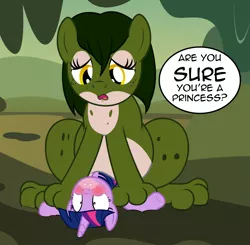 Size: 2232x2184 | Tagged: safe, artist:badumsquish, derpibooru import, twilight sparkle, twilight sparkle (alicorn), oc, alicorn, frog, frog pony, hybrid, monster pony, original species, pony, blushing, canon x oc, chubby, dialogue, disappointed, embarrassed, female, forest, freckles, kiss mark, lesbian, lipstick, makeup, misleading thumbnail, mud, on back, pinned, sad, shocked, sitting, size difference, smiling, spots, surprised, swamp, talking, the frog prince, tree
