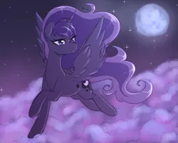 Size: 2995x2411 | Tagged: safe, artist:fluffymaiden, derpibooru import, princess luna, alicorn, pony, cloud, cute, ear fluff, female, flying, full moon, high res, lunabetes, mare, moon, night, sky, solo, spread wings, starry night, stars, wings