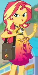 Size: 487x946 | Tagged: safe, derpibooru import, screencap, sunset shimmer, equestria girls, equestria girls series, forgotten friendship, belly button, bikini, bikini top, blurred background, building, clothes, cropped, cute, drone, female, forest background, geode of empathy, jewelry, legs, lidded eyes, magical geodes, midriff, necklace, outdoors, sarong, sexy, shimmerbetes, shoulder bag, sky, sleeveless, smiling, solo, sun, swimsuit, wristband