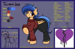 Size: 2984x1980 | Tagged: safe, artist:candel, derpibooru import, oc, oc:tainted love, unofficial characters only, pegasus, pony, clothes, eyeshadow, looking at you, makeup, multicolored hair, pants, reference sheet, runescape font, sweater, wide hips, wings