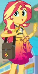 Size: 486x945 | Tagged: safe, derpibooru import, screencap, sunset shimmer, equestria girls, equestria girls series, forgotten friendship, belly button, bikini, bikini top, blurred background, building, clothes, cropped, cute, drone, female, forest background, geode of empathy, jewelry, legs, magical geodes, midriff, necklace, outdoors, sarong, sexy, shimmerbetes, shoulder bag, sky, sleeveless, smiling, solo, sun, swimsuit