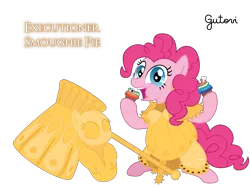 Size: 4268x3201 | Tagged: semi-grimdark, artist:gutovi, derpibooru import, pinkie pie, earth pony, pony, armor, armored pony, crossover, cupcake, dark souls, eating, executioner, executioner smough, food, hammer, helmet, implied cannibalism, rainbow cupcake, show accurate, simple background, smough, transparent background, weapon