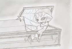 Size: 1281x875 | Tagged: safe, artist:ravenpuff, deleted from derpibooru, derpibooru import, oc, oc:atjour service, anthro, earth pony, bouquet, casket, clothes, dress, earth pony oc, female, flower, grayscale, makeup, mare, monochrome, solo, traditional art