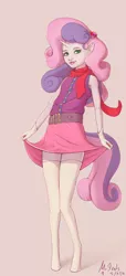 Size: 556x1214 | Tagged: anthro, artist:mrstrats, clothes, derpibooru import, human facial structure, looking at you, safe, scarf, simple background, skirt, socks, solo, sweetie belle, thigh highs, unguligrade anthro