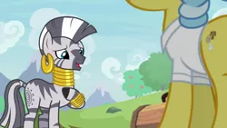 Size: 1920x1080 | Tagged: safe, derpibooru import, screencap, doctor fauna, zecora, earth pony, zebra, she talks to angel, beautiful, cutie mark, ear piercing, earring, female, hoof on chest, jewelry, looking at someone, mare, mohawk, neck rings, offscreen character, piercing, smiling, sweet feather sanctuary, talking