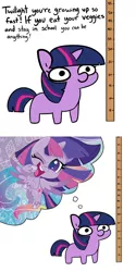 Size: 512x1024 | Tagged: safe, artist:tjpones, derpibooru import, edit, editor:secrettitan, official, twilight sparkle, twilight sparkle (alicorn), alicorn, pony, unicorn, my little pony: pony life, dialogue, female, implied princess celestia, mare, measuring, offscreen character, one eye closed, pure unfiltered evil, solo, twiggie