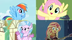 Size: 1280x720 | Tagged: safe, derpibooru import, screencap, fluttershy, rainbow dash, silverstream, sunset shimmer, equestria girls, equestria girls series, filli vanilli, let it rain, the mysterious mare do well, uprooted, spoiler:eqg series (season 2), acoustic guitar, blushing, cute, dashabetes, diastreamies, female, guitar, musical instrument, rain, shimmerbetes, shyabetes, split screen