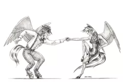 Size: 1600x1038 | Tagged: safe, artist:baron engel, derpibooru import, rainbow dash, oc, oc:marshall, anthro, unguligrade anthro, colored hooves, dancing, duo, grayscale, hat, monochrome, pencil drawing, simple background, story included, suspenders, traditional art, white background