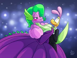 Size: 2000x1500 | Tagged: anthro, artist:jamearts, barb, barbara greenscale, breasts, busty barb, cleavage, clothes, derpibooru import, dragon, dress, gown, rule 63, safe, source needed, spike, useless source url