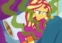 Size: 875x612 | Tagged: suggestive, artist:thedarkpony, derpibooru import, edit, edited screencap, screencap, sunset shimmer, equestria girls, equestria girls series, sunset's backstage pass!, spoiler:eqg series (season 2), bed, clothes, cropped, fart, fart edit, female, pajamas, smelly, solo, solo female, visible stench