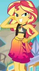 Size: 521x940 | Tagged: safe, derpibooru import, screencap, sunset shimmer, equestria girls, equestria girls series, forgotten friendship, belly button, bikini, bikini top, blurred background, building, clothes, cropped, cute, female, forest background, geode of empathy, jewelry, legs, lidded eyes, magical geodes, midriff, necklace, pose, sarong, sexy, shimmerbetes, shoulder bag, sky, sleeveless, smiling, solo, sun, swimsuit