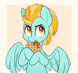 Size: 1600x1500 | Tagged: safe, artist:higgly-chan, derpibooru import, lightning dust, pegasus, pony, cute, dustabetes, eating, female, food, image, mare, nom, png, solo, spread wings, syrup, waffle, wings