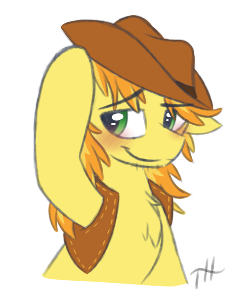 Size: 2750x3250 | Tagged: safe, artist:fakskis, derpibooru import, braeburn, earth pony, pony, 45 minute art challenge, blushing, braebetes, bust, chest fluff, clothes, colored sketch, cowboy hat, cute, eyebrows visible through hair, floppy ears, hat, high res, male, simple background, sketch, solo, stallion, tip, vest, white background