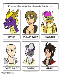 Size: 754x900 | Tagged: anthro, artist:niemiectommy, bald, bust, clothes, crossover, derpibooru import, dragon, dragoness, female, grin, human, jewelry, male, necklace, one punch man, philip swift, pirates of the caribbean, qrow branwen, rwby, safe, saitama, six fanarts, smiling, smolder, sonic the hedgehog (series), spyro the dragon