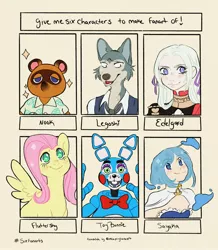 Size: 1785x2048 | Tagged: safe, artist:nightmaredraws, derpibooru import, fluttershy, anthro, human, pegasus, pony, raccoon, six fanarts, animal crossing, animatronic, anthro with ponies, beastars, bust, crossover, female, five nights at freddy's, legosi (beastars), male, mare, out of frame, puella magi madoka magica, smiling, tom nook, toy bonnie